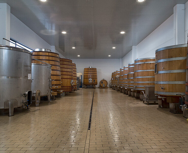 Grandes fudres de madera en la sala de crianza