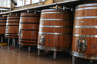 Tinos y toneles de madera en la bodega