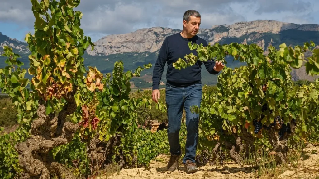 Roberto Oliván caminando entre sus viñas viejas de Tentenublo, con la Sierra de Cantabria al fondo